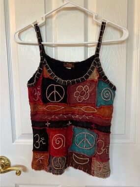 Rising International Patchwork Boho Festival Embroidered Cami Tank Top Sz S